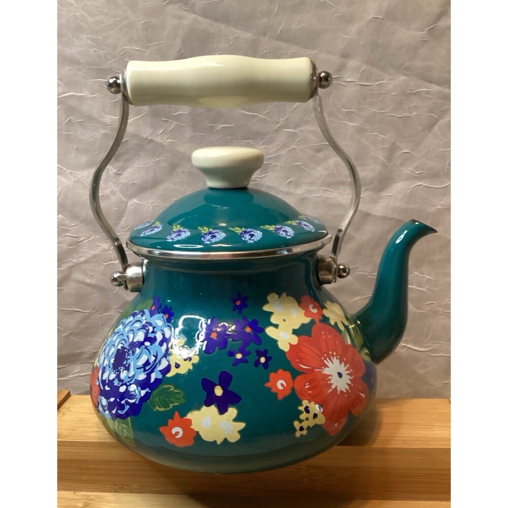 The Pioneer Woman Teapot Dazzling Dahlias 2018 Enamel on Steel 1.9 QT Teal Green